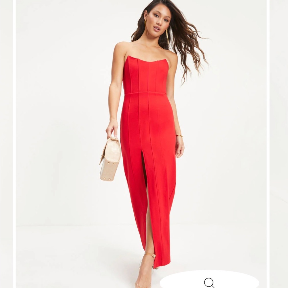 Red strapless corset dress with slit